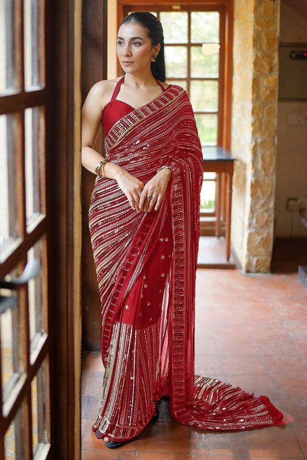 Red Georgette Embroidery Work Saree