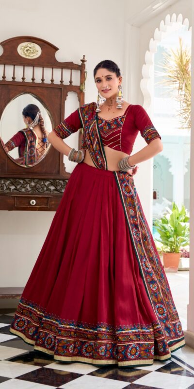 LNB 1243 Red Color Tasar Silk Gamthi Print Embossed Gotta Patti Lace Lehenga Choli Festive Party Wedding, Events etc. Delivery 4-6 Working Days @2999/- | Bollywood Lehenga, Creative Lehenga, Designer Lehenga, Embroidered Lehenga, Lehenga, Party Wear Lehenga