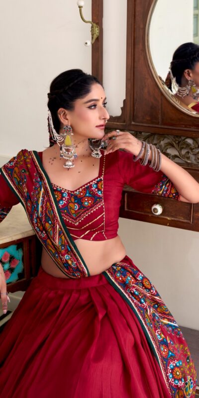 LNB 1243 Red Color Tasar Silk Gamthi Print Embossed Gotta Patti Lace Lehenga Choli Festive Party Wedding, Events etc. Delivery 4-6 Working Days @2999/- | Bollywood Lehenga, Creative Lehenga, Designer Lehenga, Embroidered Lehenga, Lehenga, Party Wear Lehenga