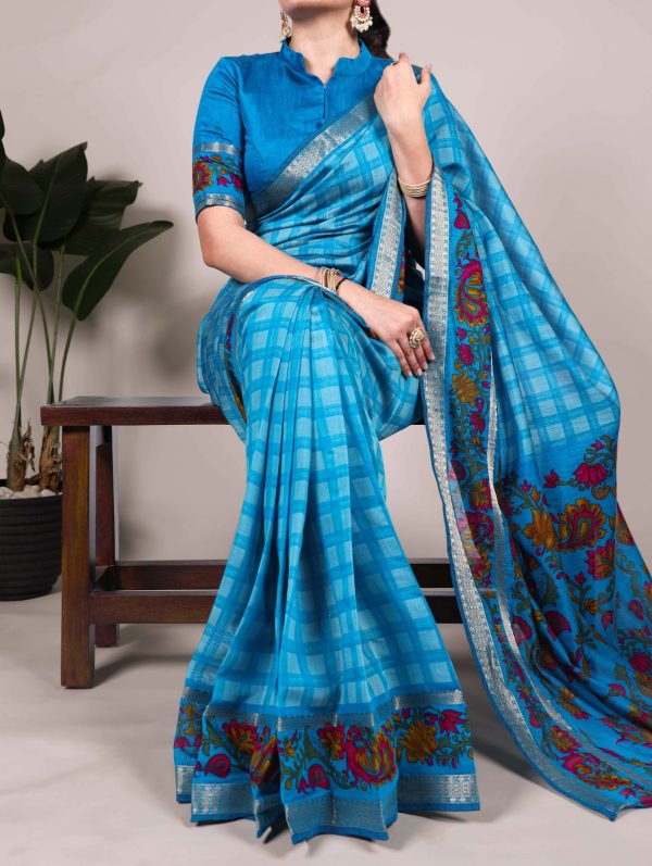 Sky Blue Chanderi Printed Saree