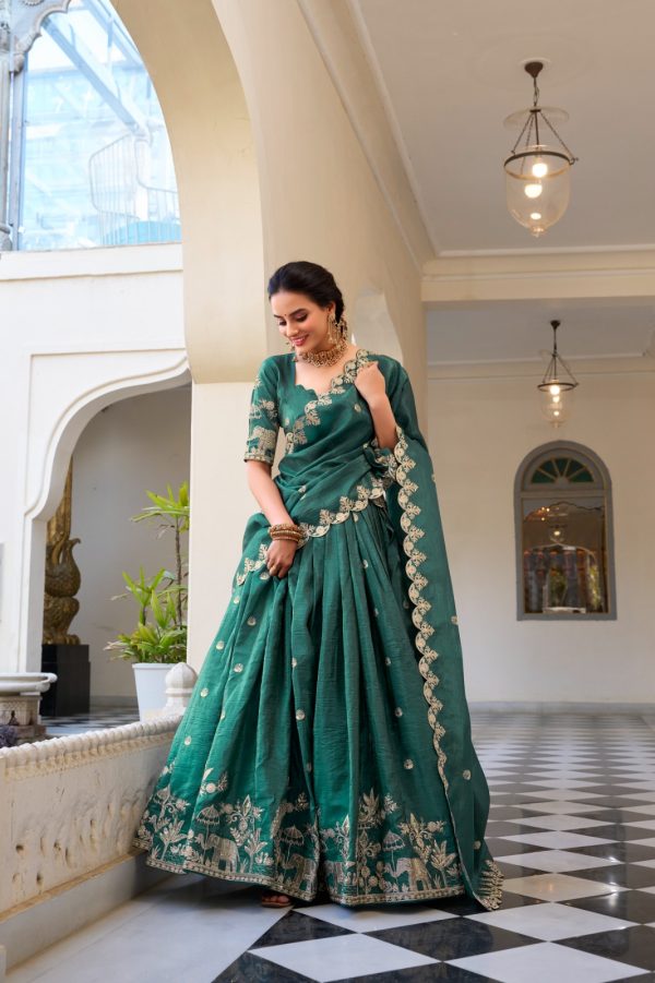 Teal Gold Crush Sequins Embroidery Work Lehenga Choli