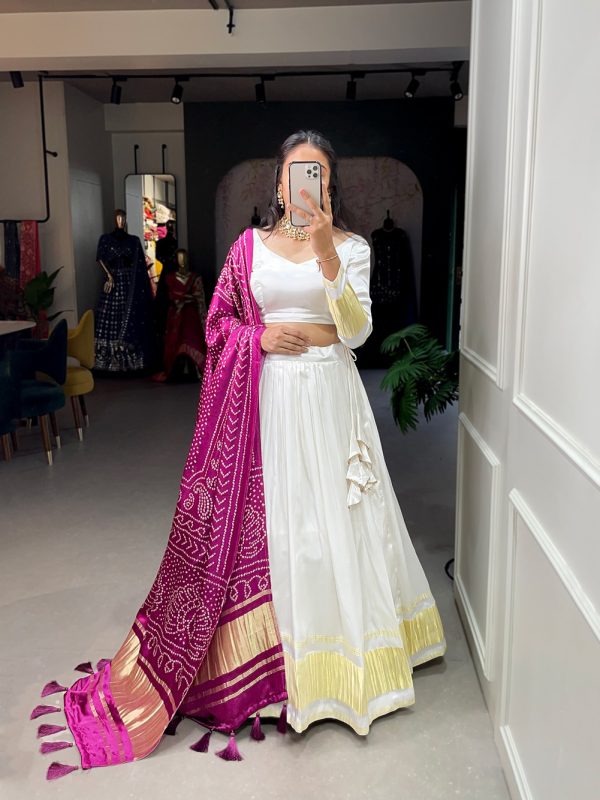 White Gaji Silk Lagdi patta Lehenga Choli