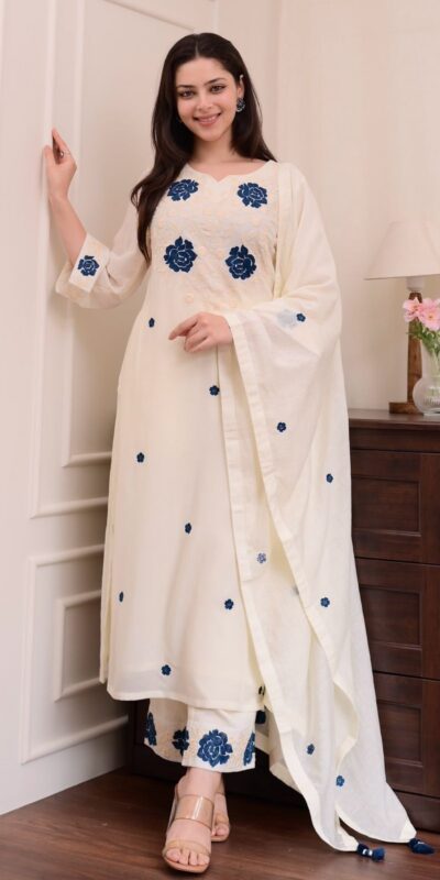BE 382 White Color Roman Silk Embroidery Work Salwar Suit Casual, Wedding, Festive, Events . Expected Delivery 4-6 Working Days @1949/- only | Casual Suits, Jump Suits, Tops & Bottoms, Track Suits, Trendy Wear, Creative suits, Designer Suits, Palazzo Suits, Party Wear Suits, Patiala Suits, Salwar suit, Straight Suits