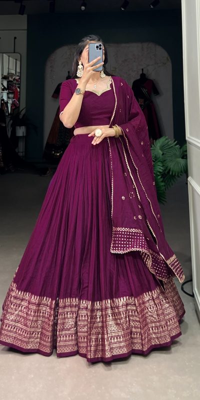 Wine Chanderi Weaving Lehenga Choli