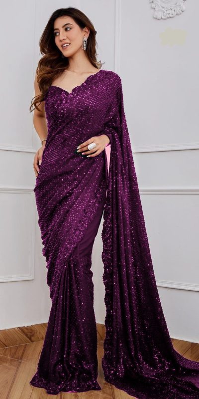 Wine Georgette 5MM Sequence Work Saree