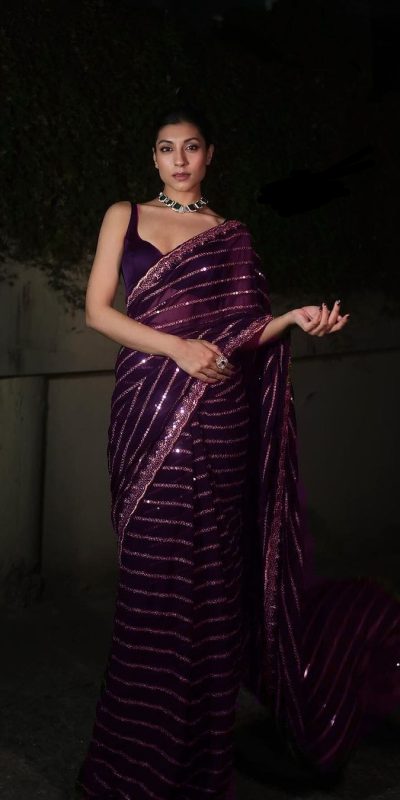 Wine Georgette Embroidery Work Saree