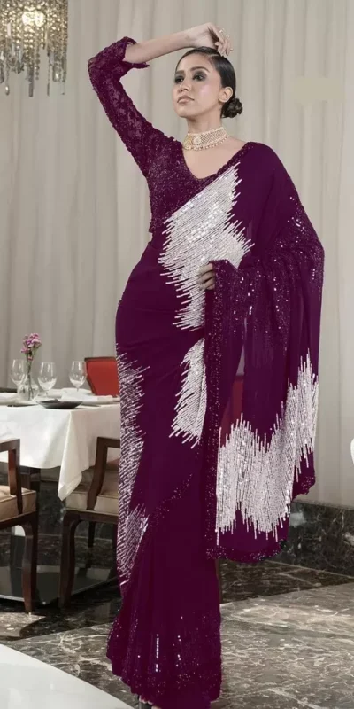 DF 3424 Wine Color Georgette Heavy 5MM Sequins embroidery Work Saree Casual, Wedding, Festive, Events . Expected Delivery  4-6 Working Days @1749/- only                                                 | Embroidered Sarees, Bollywood Sarees, Creative Sarees, Designer Sarees, Ethnic Saree, Modern Digital sarees, Party Wear Sarees, Sarees