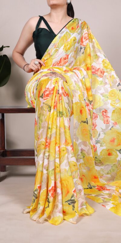 YNF 7017 Yellow Color Dull Satin Floral Printed Saree Casual, Wedding, Festive, Events . Expected Delivery  4-6 Working Days @1499/- only                                                                                | Embroidered Sarees, Bollywood Sarees, Creative Sarees, Designer Sarees, Ethnic Saree, Modern Digital sarees, Party Wear Sarees, Sarees