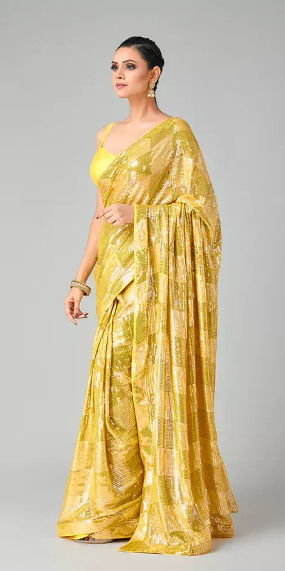 DF 3426 Yellow Color Georgette 5MM Sequins Embroidery Work Saree Casual, Wedding, Festive, Events . Expected Delivery  4-6 Working Days @1749/- only                                                 | Embroidered Sarees, Bollywood Sarees, Creative Sarees, Designer Sarees, Ethnic Saree, Modern Digital sarees, Party Wear Sarees, Sarees