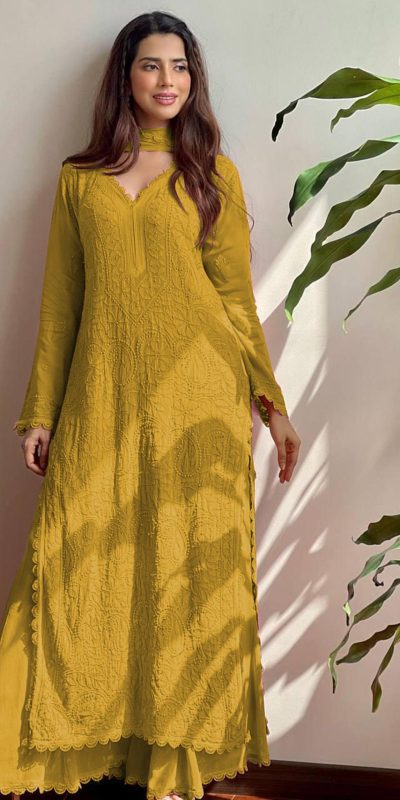 Mustered Georgette Thread Embroidery Salwar Suit