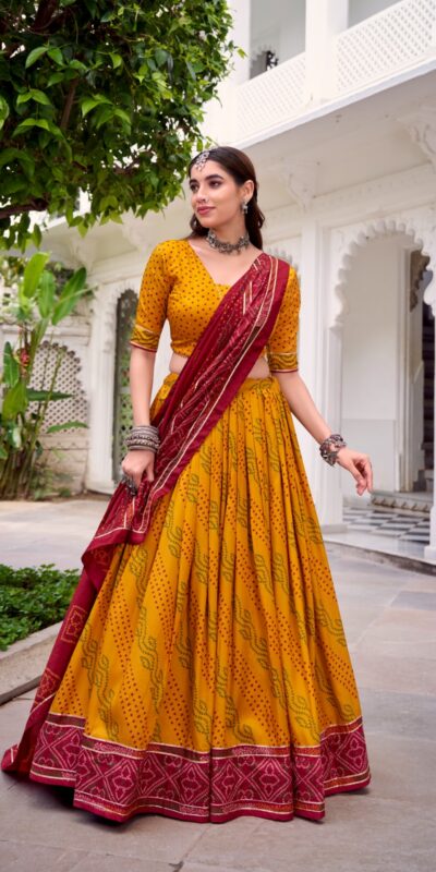 LNB 1250 Yellow Color Tasar Silk Bandhej Print With Gotta Patti Lace Lehenga Choli Festive Party Wedding, Events etc. Delivery 4-6 Working Days @2149/- | Creative Lehenga, Bollywood Lehenga, Designer Lehenga, Embroidered Lehenga, Lehenga, Party Wear Lehenga