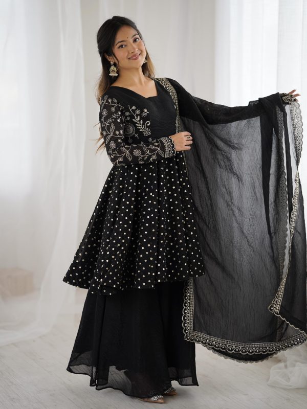 Black Crunchy Silk Embroidery Work Salwar Suit