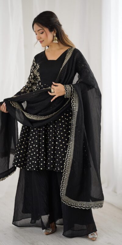 ZSR 3134 Black Crunchy Silk Salwar Suit Perfect for Wedding, Party, Sangeet, Anniversary, Housewarming Introductory Price ₹2399. Delivery 4-6 | Casual Suits, Jump Suits, Creative suits, Designer Suits, Palazzo Suits, Party Wear Suits, Patiala Suits, Salwar suit, Straight Suits