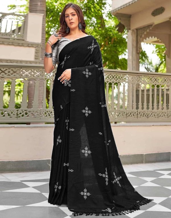 Black Natural Silk With Thread Embroidery Saree