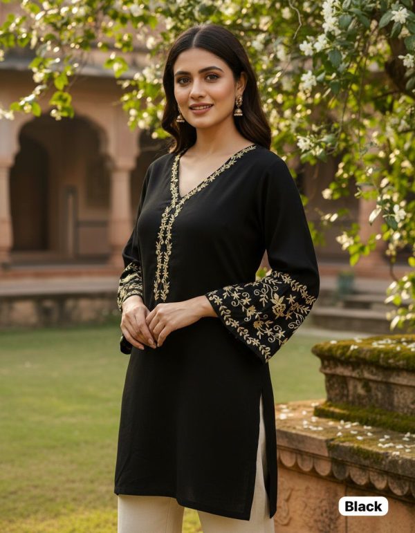 INLI Adaa 5.0 Black Rayon with Embroidery Work Kurti .Wedding, Party, Festive, Events, Best Price ₹1349. Delivery 4-6 Working Days. Shop now. | Bollywood Kurti, Creative Kurtis, Designer Kurti, Kurti, Party Wear Kurti, Selfie Kurti