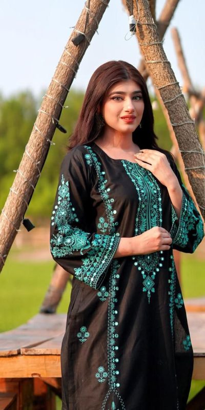 Black Roman Silk Mirror Work Embroidery Salwar Suit