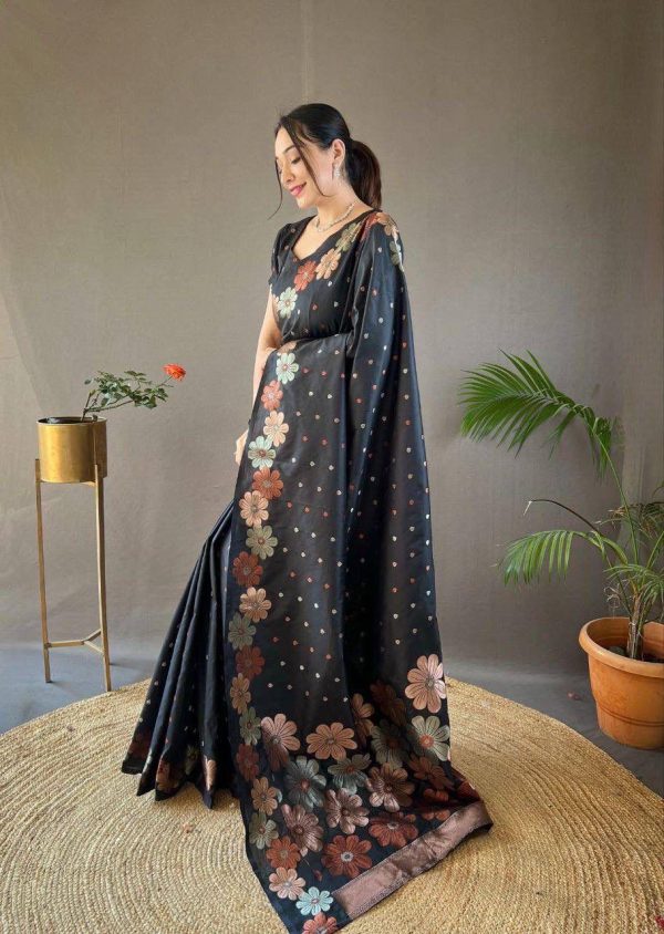 Black Soft Lichi Silk Cloth With Lace Saree