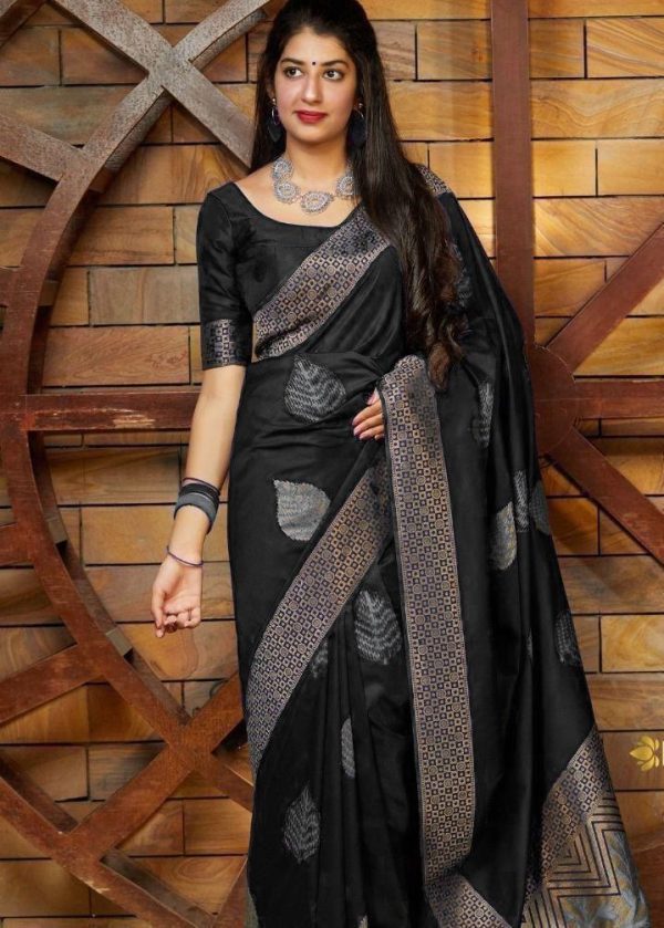 Black Soft Lichi Silk Saree