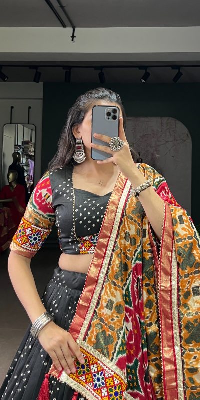 LNB 1734 Black Tasar Silk Gamthi Work With MirrorWork Lehenga Choli Introductory Price ₹2999. Delivery 4-6 Working Days. Shop now. | Creative Lehenga, Bollywood Lehenga, Designer Lehenga, Embroidered Lehenga, Lehenga, Party Wear Lehenga