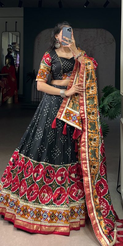 LNB 1734 Black Tasar Silk Gamthi Work With MirrorWork Lehenga Choli Introductory Price ₹2999. Delivery 4-6 Working Days. Shop now. | Creative Lehenga, Bollywood Lehenga, Designer Lehenga, Embroidered Lehenga, Lehenga, Party Wear Lehenga