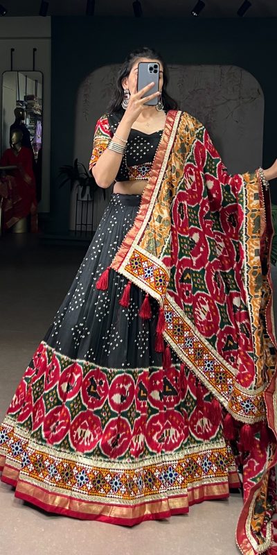 LNB 1734 Black Tasar Silk Gamthi Work With MirrorWork Lehenga Choli Introductory Price ₹2999. Delivery 4-6 Working Days. Shop now. | Creative Lehenga, Bollywood Lehenga, Designer Lehenga, Embroidered Lehenga, Lehenga, Party Wear Lehenga