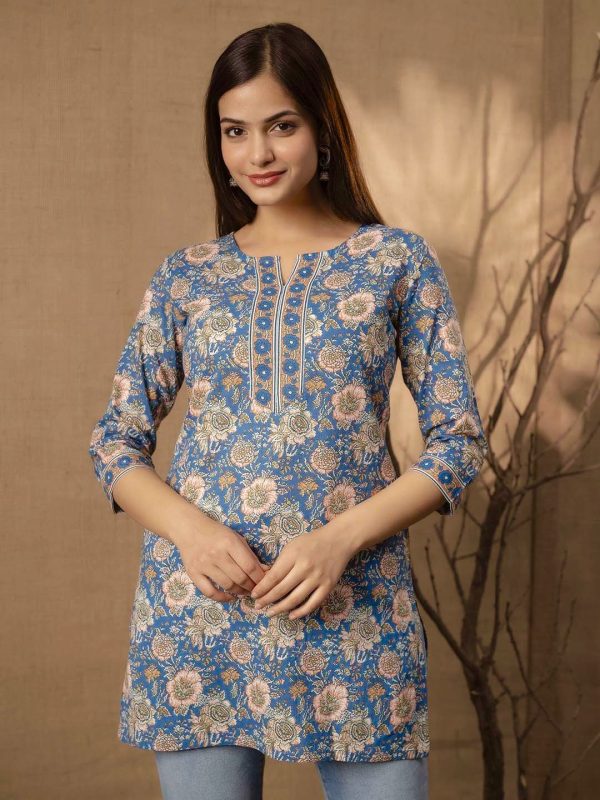 Blue Cotton Printed Kurti