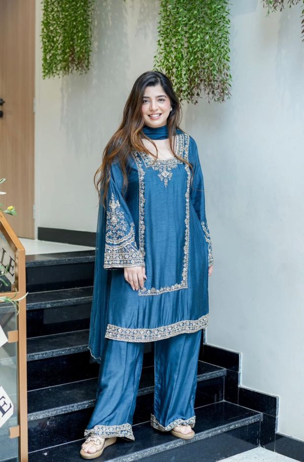 Blue German Chiffon With Embroidery Work Slawar Suit