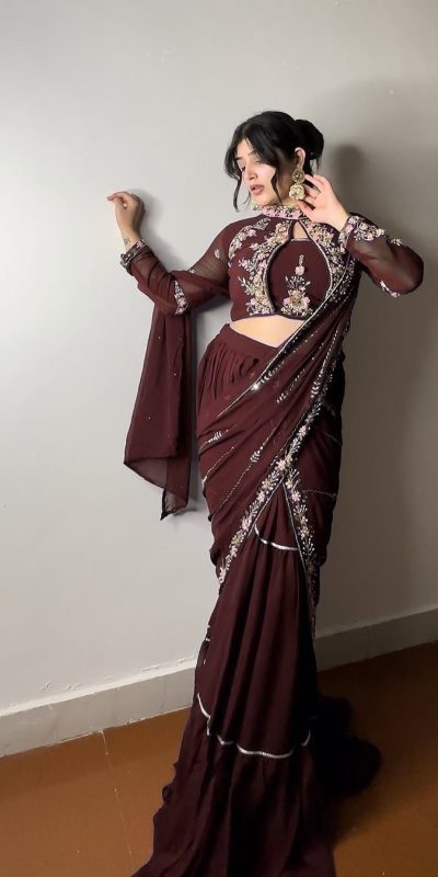 BE 280 Brown Georgette Lehenga Saree Perfect for Wedding, Party, Cultural Events, Housewarming, Ganesh Chaturthi . Affordable Price ₹2399. Delivery 4- | Creative Lehenga, Bollywood Lehenga, Designer Lehenga, Embroidered Lehenga, Lehenga, Party Wear Lehenga
