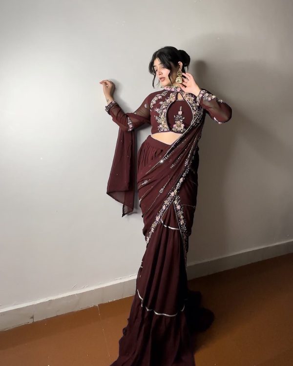 BE 280 Brown Georgette Lehenga Saree Perfect for Wedding, Party, Cultural Events, Housewarming, Ganesh Chaturthi . Affordable Price ₹2399. Delivery 4- | Creative Lehenga, Bollywood Lehenga, Designer Lehenga, Embroidered Lehenga, Lehenga, Party Wear Lehenga
