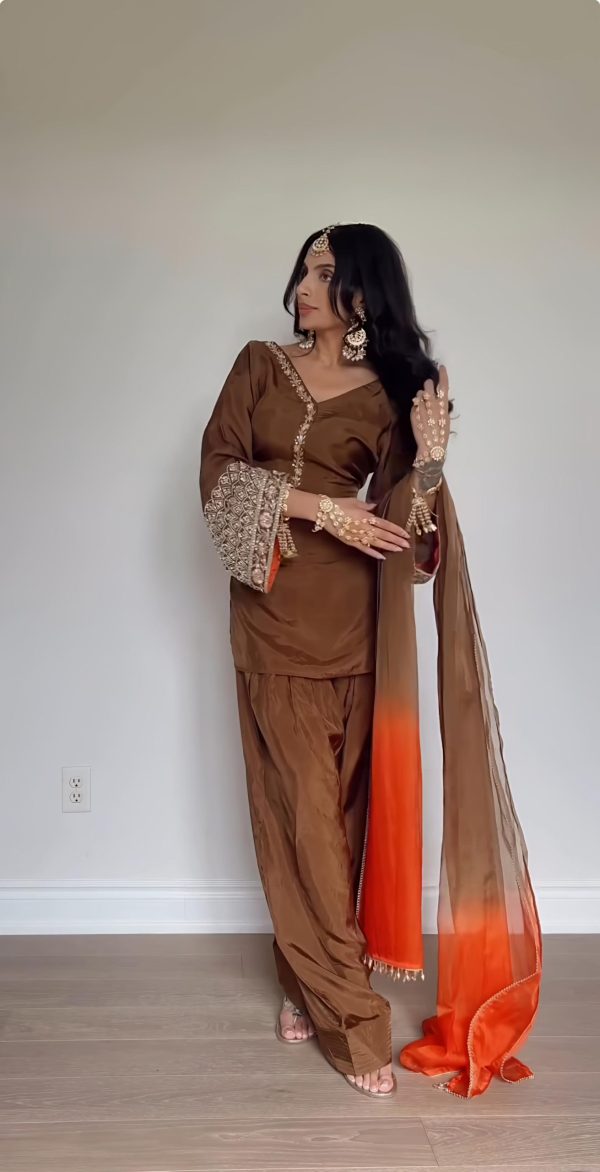 NSR 854 Brown Natural Satin Silk Sequence Work with Lace Work & Embroidery Work Salwaar Suit Now at just ₹1799. Delivery 4-6 Working Days. Shop now. | Casual Suits, Jump Suits, Creative suits, Designer Suits, Palazzo Suits, Party Wear Suits, Patiala Suits, Salwar suit, Straight Suits