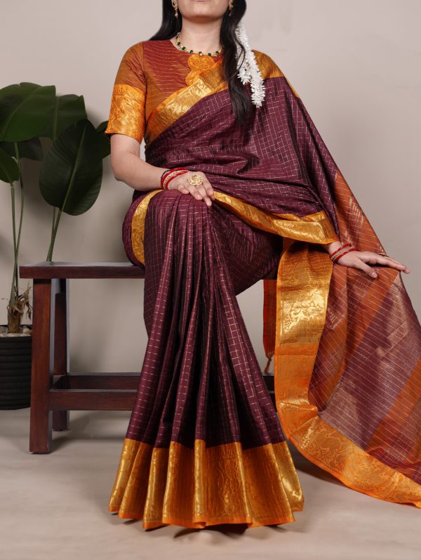 Brown Poly Cotton With Zari Work Saree