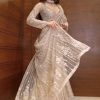 Cream Butterfly Net Embroidery Work Saree