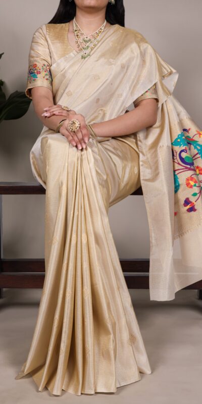 YNF 7905 Cream Tissue Paithani with Zari Work Saree .Wedding, Party, Festive, Events, Best Price ₹2399. Delivery 4-6 Working Days. Shop now. | Creative Sarees, Embroidered Sarees, Bollywood Sarees, Designer Sarees, Ethnic Saree, Modern Digital sarees, Party Wear Sarees, Sarees