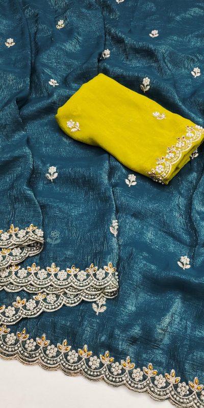 BT 1267 Firozi in Crunchy Chiffon Embroidery Work Saree . Wedding, Party, Festive, Events, Exclusive Offer ₹1749. Delivery 4-6 Working Days. Shop now. | Embroidered Sarees, Bollywood Sarees, Creative Sarees, Designer Sarees, Ethnic Saree, Modern Digital sarees, Party Wear Sarees, Sarees