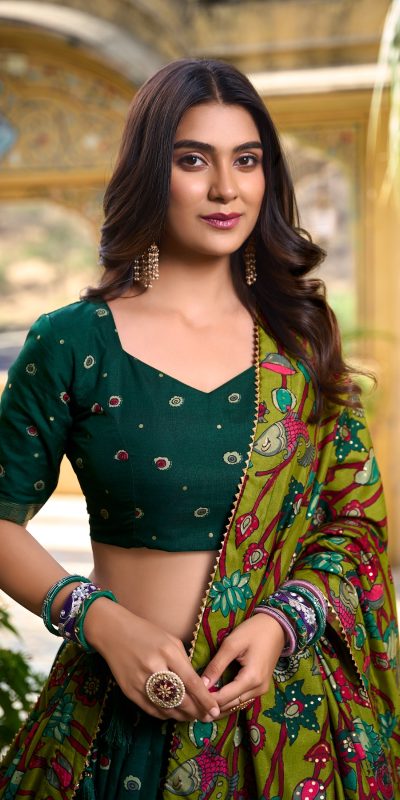 LNB 1219 Green Tasar Silk With Gotta Patti Work & Kalamkari Print Lehenga Choli . Best Price ₹2449. Delivery 4-6 Working Days. Shop now. | Creative Lehenga, Bollywood Lehenga, Designer Lehenga, Embroidered Lehenga, Lehenga, Party Wear Lehenga