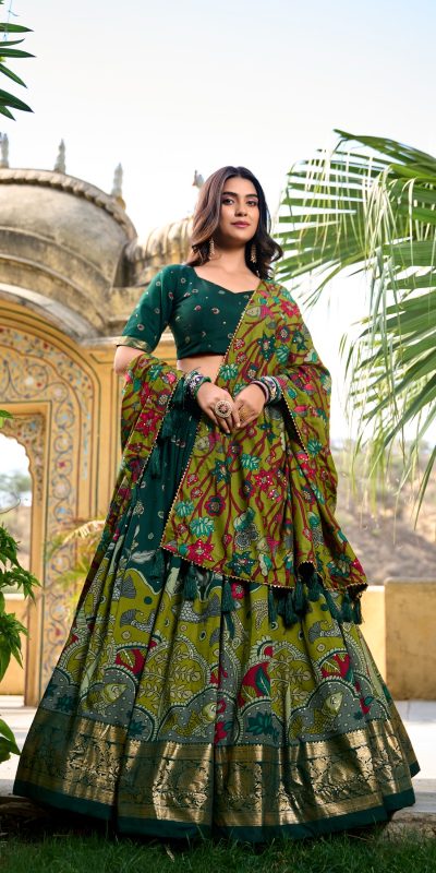 LNB 1219 Green Tasar Silk With Gotta Patti Work & Kalamkari Print Lehenga Choli . Best Price ₹2449. Delivery 4-6 Working Days. Shop now. | Creative Lehenga, Bollywood Lehenga, Designer Lehenga, Embroidered Lehenga, Lehenga, Party Wear Lehenga