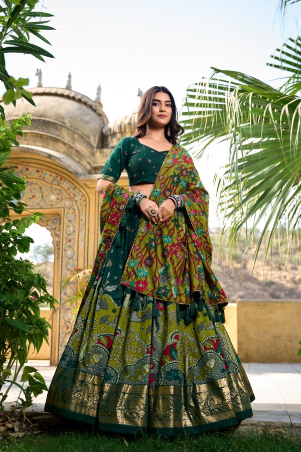 LNB 1219 Green Tasar Silk With Gotta Patti Work & Kalamkari Print Lehenga Choli . Best Price ₹2449. Delivery 4-6 Working Days. Shop now. | Creative Lehenga, Bollywood Lehenga, Designer Lehenga, Embroidered Lehenga, Lehenga, Party Wear Lehenga