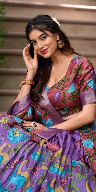 LNB 1222 Lavender Dola Silk With Kalamkari Print & Zari Work Lehenga Choli . Grab it for ₹1899. Delivery 4-6 Working Days. Shop now. | Creative Lehenga, Bollywood Lehenga, Designer Lehenga, Embroidered Lehenga, Lehenga, Party Wear Lehenga