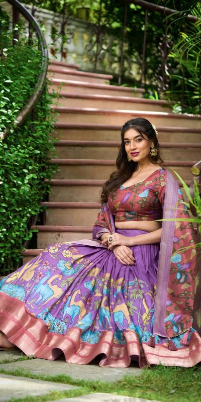 LNB 1222 Lavender Dola Silk With Kalamkari Print & Zari Work Lehenga Choli . Grab it for ₹1899. Delivery 4-6 Working Days. Shop now. | Creative Lehenga, Bollywood Lehenga, Designer Lehenga, Embroidered Lehenga, Lehenga, Party Wear Lehenga