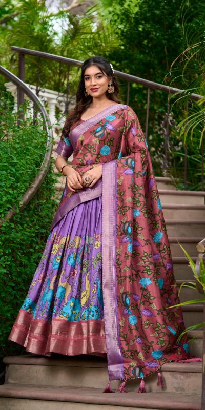 LNB 1222 Lavender Dola Silk With Kalamkari Print & Zari Work Lehenga Choli . Grab it for ₹1899. Delivery 4-6 Working Days. Shop now. | Creative Lehenga, Bollywood Lehenga, Designer Lehenga, Embroidered Lehenga, Lehenga, Party Wear Lehenga