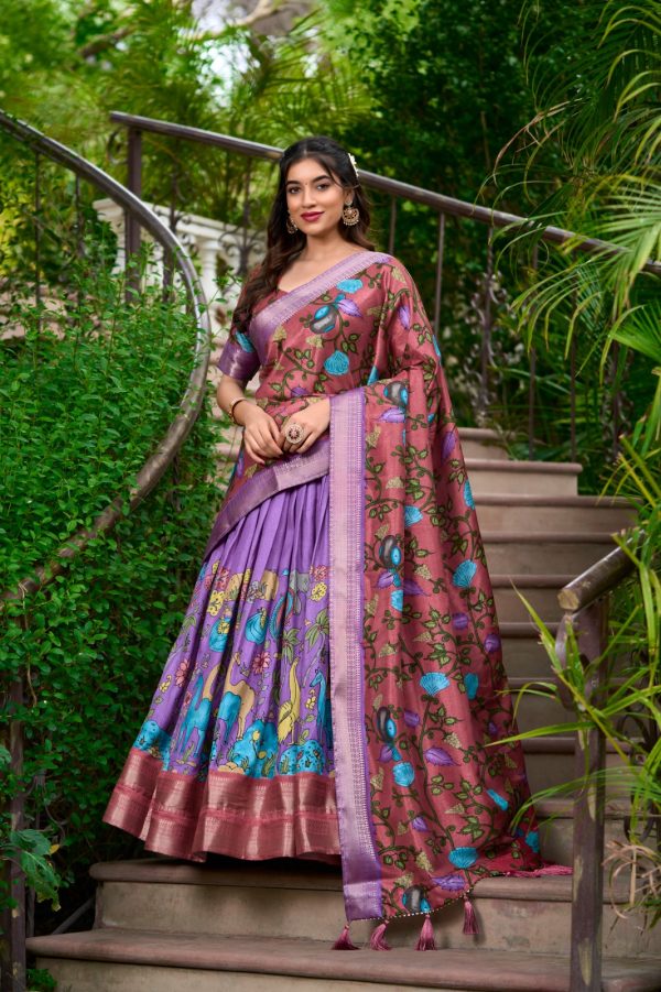 LNB 1222 Lavender Dola Silk With Kalamkari Print & Zari Work Lehenga Choli . Grab it for ₹1899. Delivery 4-6 Working Days. Shop now. | Creative Lehenga, Bollywood Lehenga, Designer Lehenga, Embroidered Lehenga, Lehenga, Party Wear Lehenga