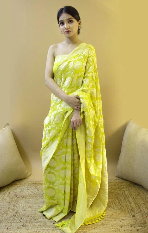 Light Yellow Soft Lichi Silk Zahlar Saree