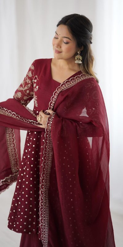 ZSR 3134 Maroon Maroon Crunchy Silk Salwar Suit Perfect for Wedding, Party, Sangeet, Anniversary, Housewarming Introductory Price ₹2399. Delivery 4-6 | Casual Suits, Jump Suits, Creative suits, Designer Suits, Palazzo Suits, Party Wear Suits, Patiala Suits, Salwar suit, Straight Suits