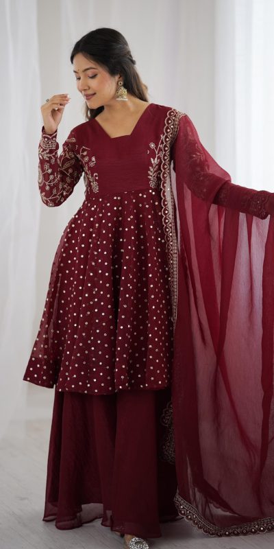 ZSR 3134 Maroon Maroon Crunchy Silk Salwar Suit Perfect for Wedding, Party, Sangeet, Anniversary, Housewarming Introductory Price ₹2399. Delivery 4-6 | Casual Suits, Jump Suits, Creative suits, Designer Suits, Palazzo Suits, Party Wear Suits, Patiala Suits, Salwar suit, Straight Suits