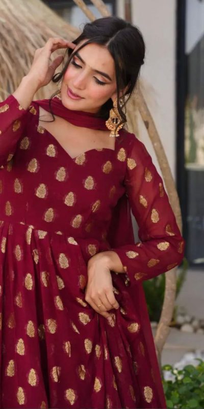 VLM 299 Maroon Faux Georgette With Embroidery Work Gown Perfect for Wedding, Party, Ethnic Day, Housewarming, Cultural Events At 2099/-Only | Bollywood Gowns, Creative Gowns, Designer Gowns, Embroidered Gowns, Gowns, Party Wear Gowns