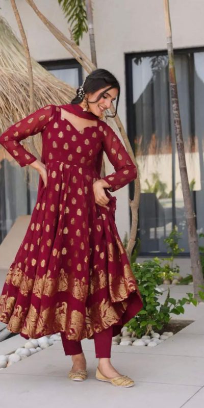 VLM 299 Maroon Faux Georgette With Embroidery Work Gown Perfect for Wedding, Party, Ethnic Day, Housewarming, Cultural Events At 2099/-Only | Bollywood Gowns, Creative Gowns, Designer Gowns, Embroidered Gowns, Gowns, Party Wear Gowns