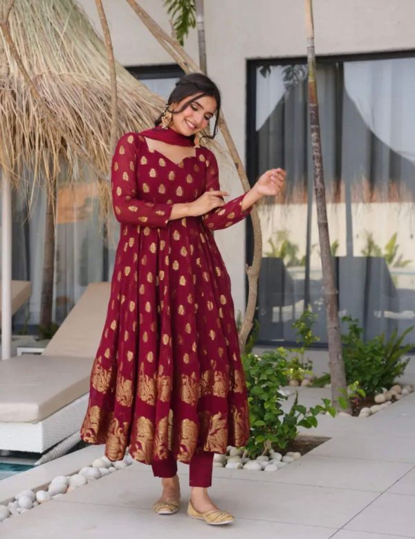 VLM 299 Maroon Faux Georgette With Embroidery Work Gown Perfect for Wedding, Party, Ethnic Day, Housewarming, Cultural Events At 2099/-Only | Bollywood Gowns, Creative Gowns, Designer Gowns, Embroidered Gowns, Gowns, Party Wear Gowns