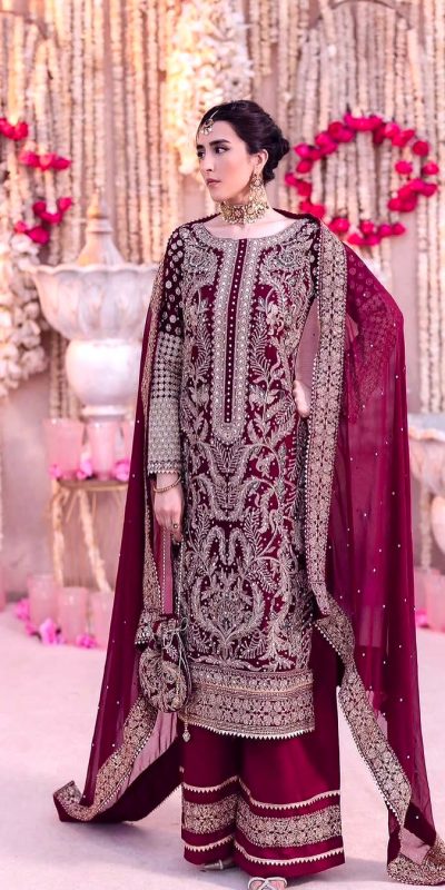 SRK 5297 Maroon Heavy Faux Georgette With Chain Stitch Embroidery Sequence Work Salwar Suit Wedding, Party, Festive, Events, 4-6 Working Days At 2399 | Casual Suits, Jump Suits, Creative suits, Designer Suits, Palazzo Suits, Party Wear Suits, Patiala Suits, Salwar suit, Straight Suits