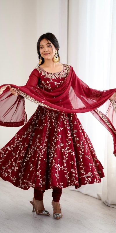 SRK 5299 Maroon Faux Georgette With Sequence Work Perfect for Wedding, Party, Temple Visit, Ganesh Chaturthi Festive, Events, 4-6 Working Days At 2149 | Bollywood Gowns, Creative Gowns, Designer Gowns, Embroidered Gowns, Gowns, Party Wear Gowns