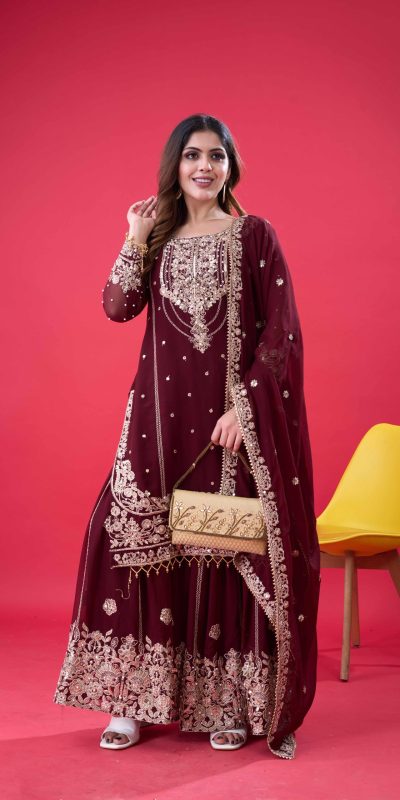 SR 1688 Maroon Faux Georgette with Lace Work & Embroidery Work. Salwar Suit Introductory Price ₹1949. Delivery 4-6 Working Days. Shop now. | Casual Suits, Jump Suits, Creative suits, Designer Suits, Palazzo Suits, Party Wear Suits, Patiala Suits, Salwar suit, Straight Suits